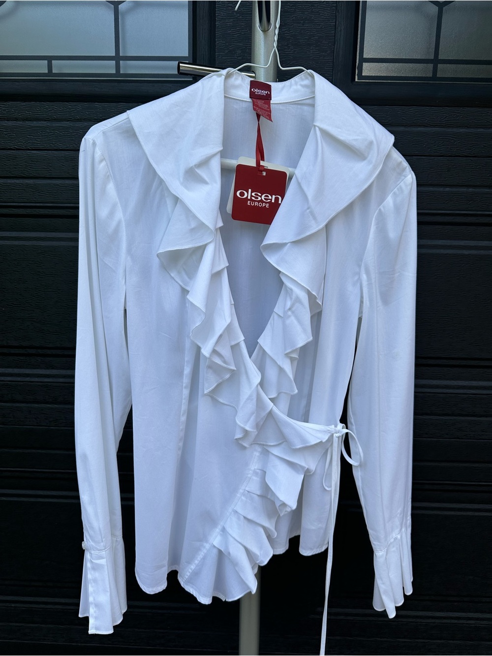 Olsen Europe White Ruffle Wrap Blouse with Tie Waist